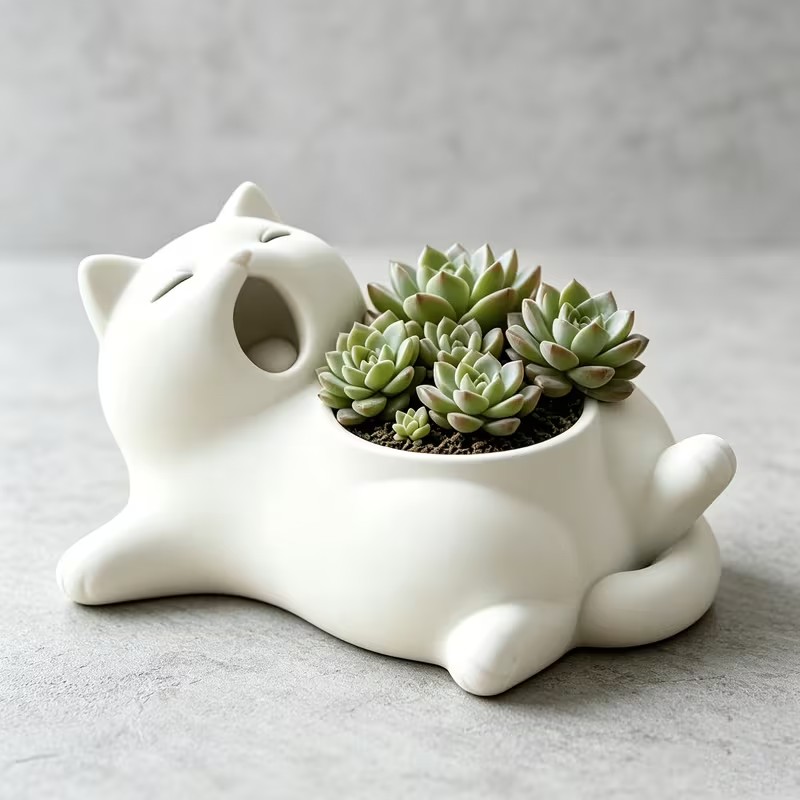 Cute White Cat Yawning Flower  - 3D Printing Pot review and price